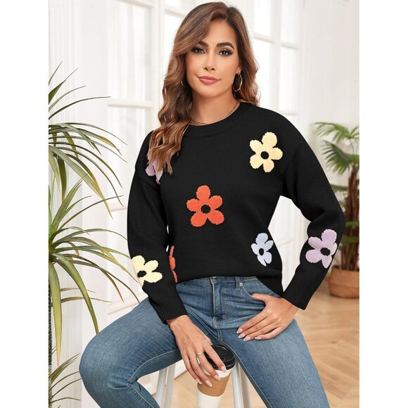 Women's Pullover Sweater Floral Print Color Block Long Sleeve Knit Sweater - Picture 4 of 6